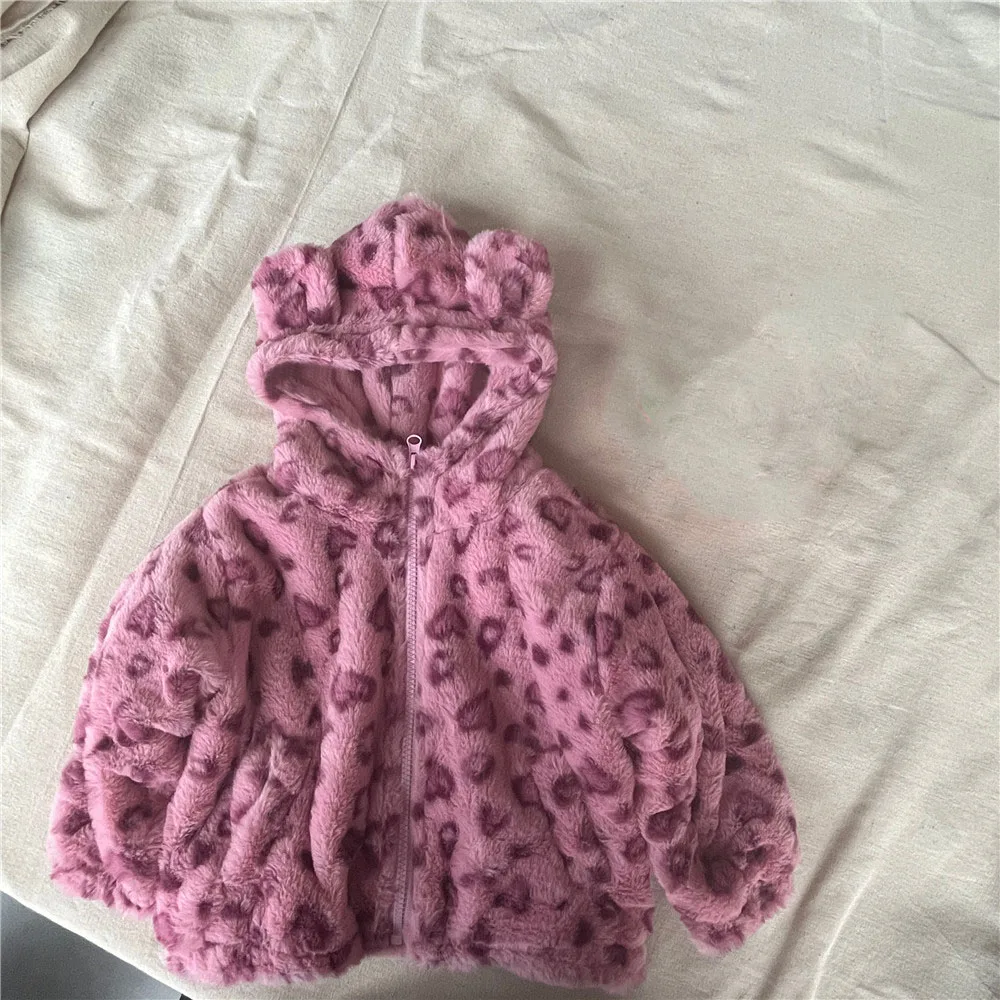 Winter Children\'s Coat Hooded Autumn Korean Kids Clothing Pink Leopard Print And Coffee Dot Coat For Boys And Girls Cardigan