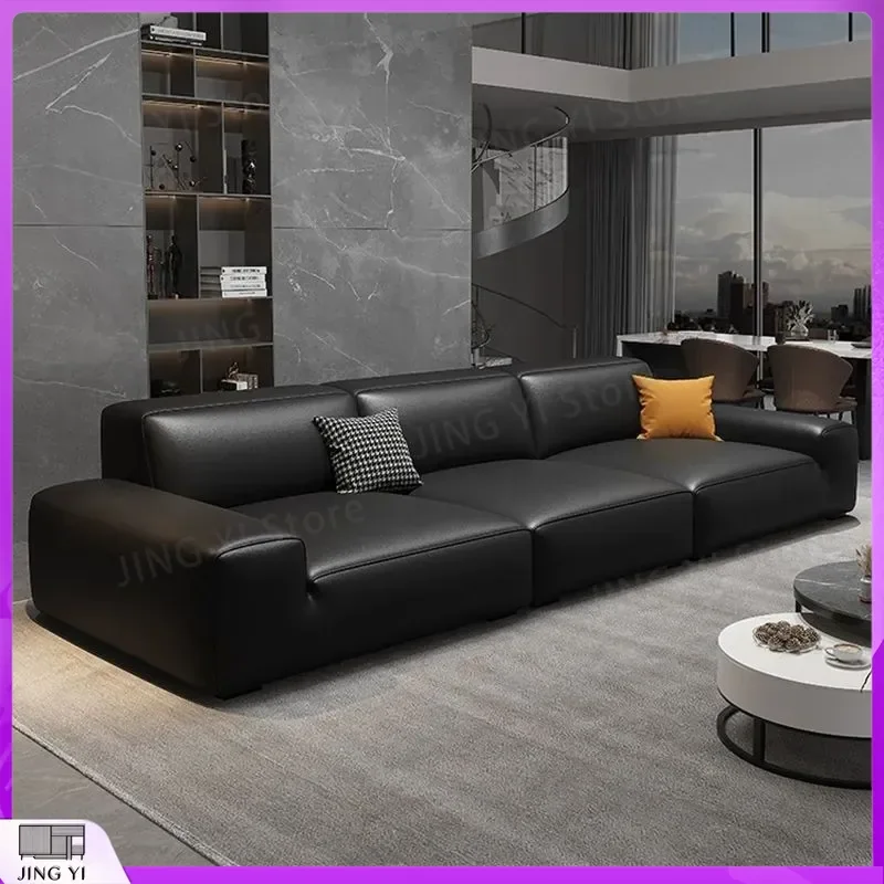 Black Leather Modern Minimalist Sofa for Small Apartment Living Room Italian Style Straight Row Tofu Block Couch Furniture