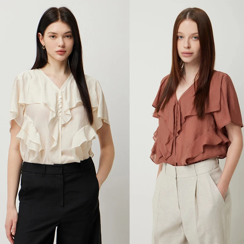 

Легкая шелковая блузка Ele для женщин с V-образным вырезом, романтическим кружевом, дышащая, летняя, 3 цвета, для повседневной носки