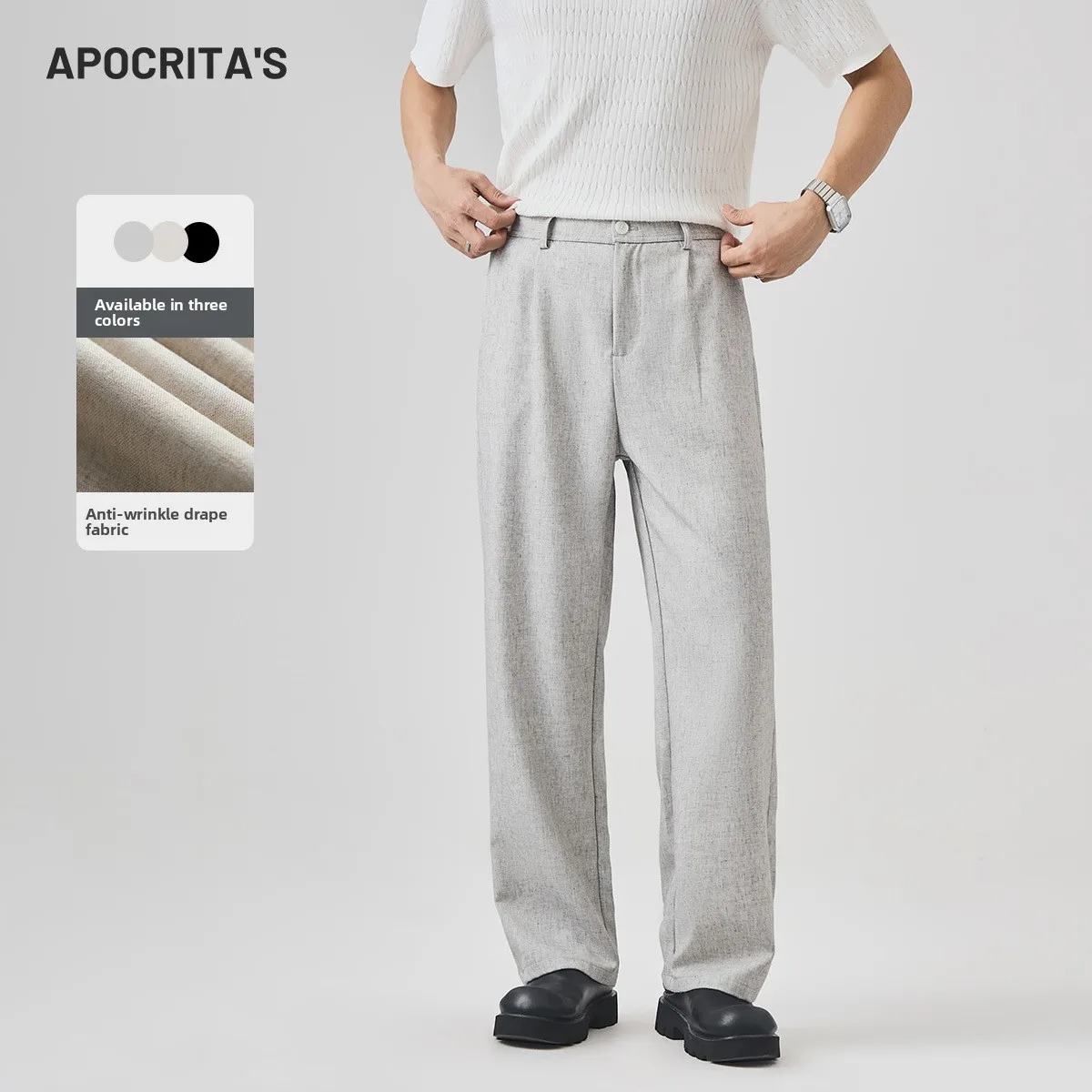 

Men's Busin Casual Khaki Trousers Summer Loose Straight Leg Anti-Wrinkle Dra Linen Long Pants mid Waist Straight Cut