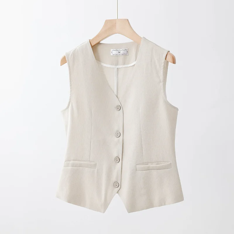 Summer Linen Sleeveless Vest Suit Female Old Money Style  Relaxation Loose and Thin V-neck Beige Small Vest Outer Wear