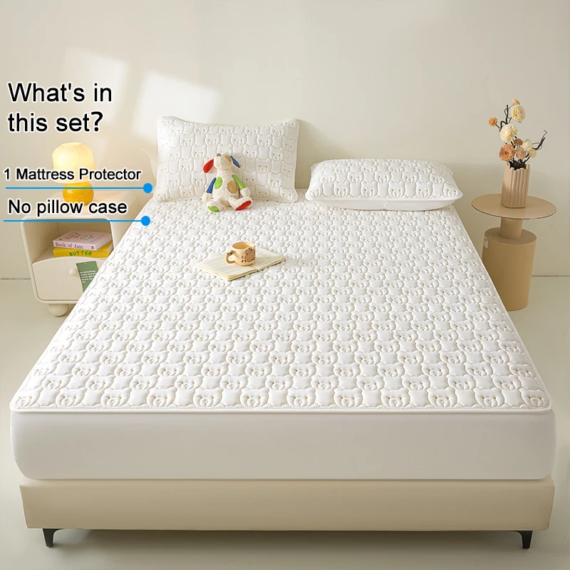 Cute Bear Embossed Quilted Waterproof Mattress Protector Antibacterial Anti-Mite Fitted Bed Cover Mattress Cover for Bedroom