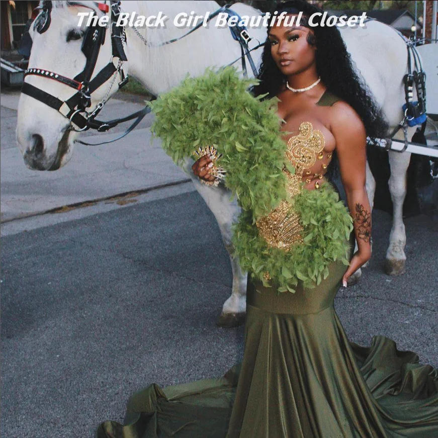 Luxury Grass Green Cocktail Dresses Rhinestone Sequins Formal Gowns Black Girls Feather Ruffle Fishtail Hem Dresses