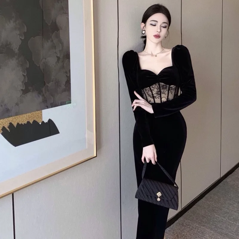 Women Elegant Black Velvet Sexy Party Dress French Vintage Lace Patchwork High Waist Long Dress Lady Long Sleeve Prom Dress