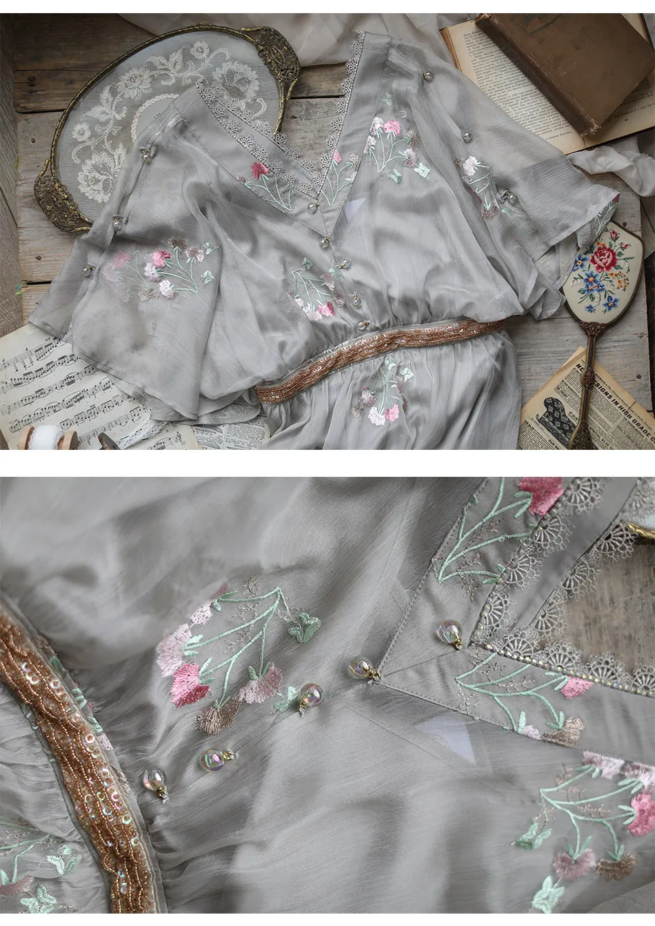 Summer Original Design Women Mori Kei Sweet Floral Embroidery Beading Vintage V-neck Grey Dresses