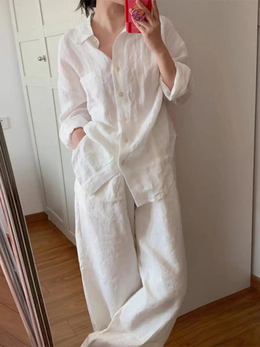 

White Cotton Linen Set Women's Casual Loose Fit Two Piece Suit Autumn New Sle Versatile Long irt Pants Outfit