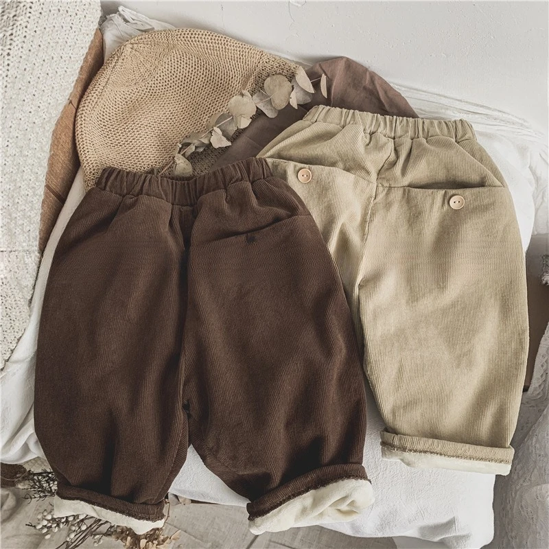 

2025 Winter Corduroy Pants for Boys & Girls Fashionable Korean Straight-Leg Fleece-Lined Trousers Solid Colors