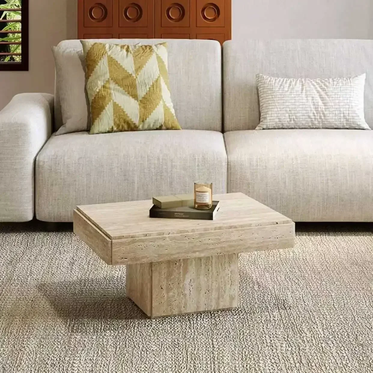 New Travertine coffee table size combination villa square small tea table living room luxury stone high sense