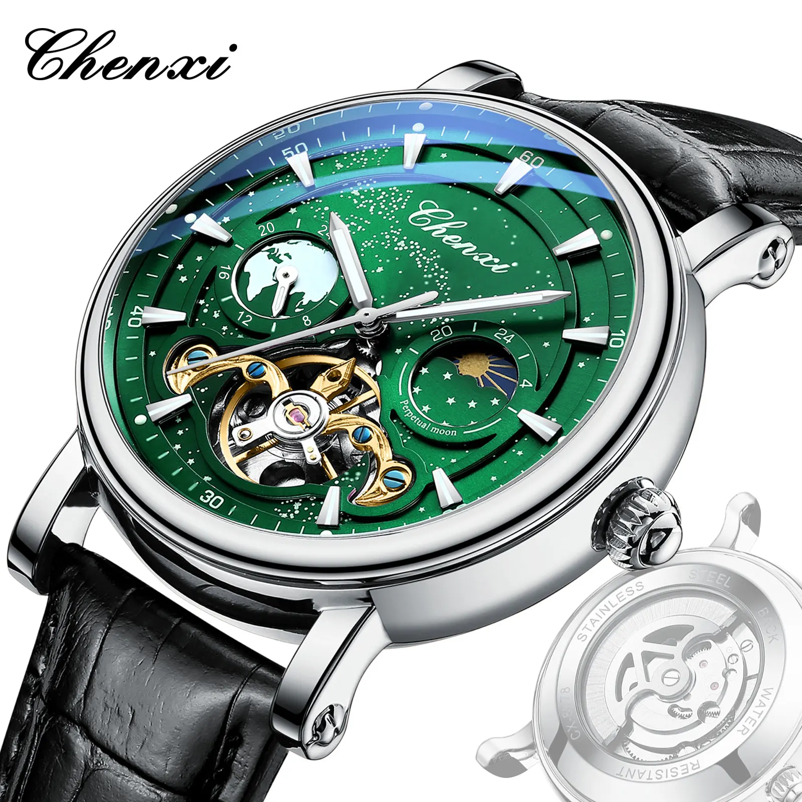 Automatic Mechanical Starry Sky Dial Wristwatches For Men Fashion Moon Phase Skeleton Watches Luxury Waterproof Leather Watch