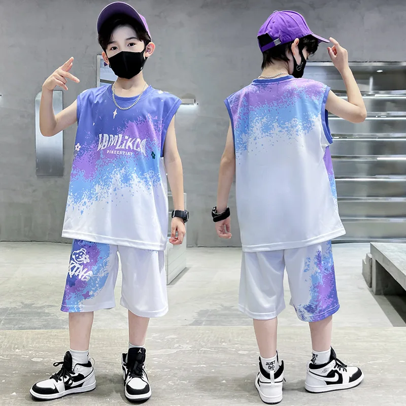 Summer Teenage Boy Clothes Set Children Gradient Tshirts and Shorts 2 Pieces Suit Casual Sleeveless Top Bottom Outfit Tracksuit