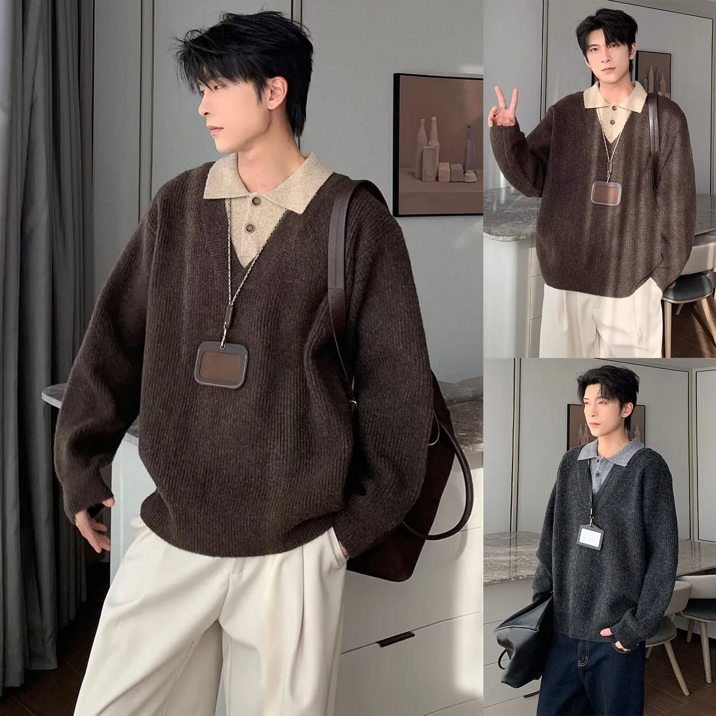 

Men's Shirt Knitted Sweater Collared Fake Two-Piece Autumn Winter Fashion Casual Loose Fit Long Sleeve Polyester Fiber