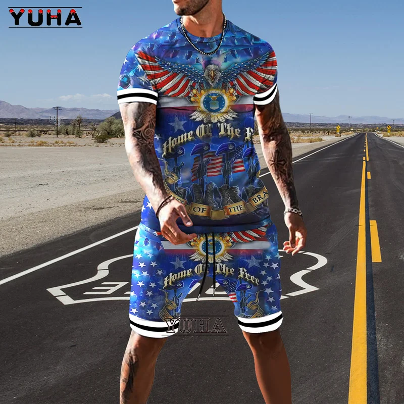 YUHA,Men's Vintage Streetwear 3D Printed T-shirt For Man High Quality Summer Tshirt Shorts Two Pieces Set Tracksuit Oversized Cl