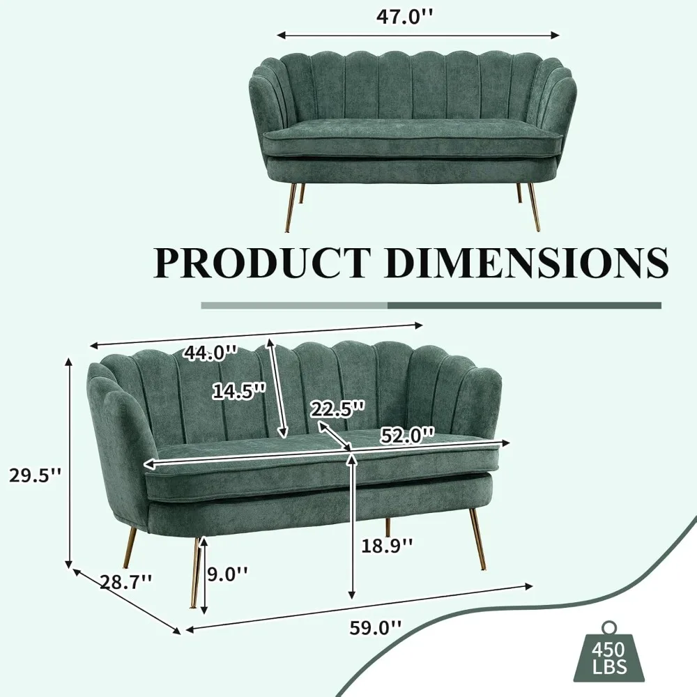 أريكة عصرية بمقعدين من الشنيل على شكل بتلة، أرجل معدنية ذهبية، أريكة صغيرة للترفيه، مقاس صغير مريح للجلوس #2