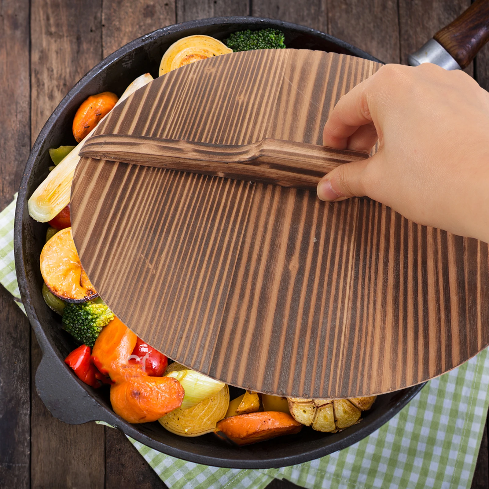 

Wooden Wok Retro Pot Cover Anti-Splash Kitchen Wok Lid Kitchen Utensil Material Easy Handle Cookware Accessory