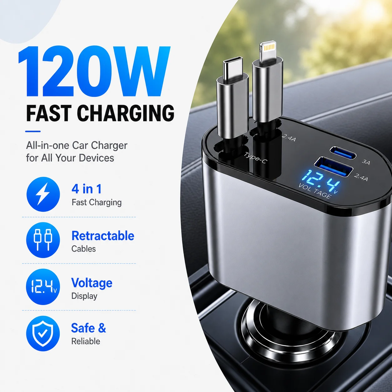120W 4 in 1 Retractable Car Charger, 66W USB C Fast Charging Cable, Built in Lightning Cable, Voltage Display