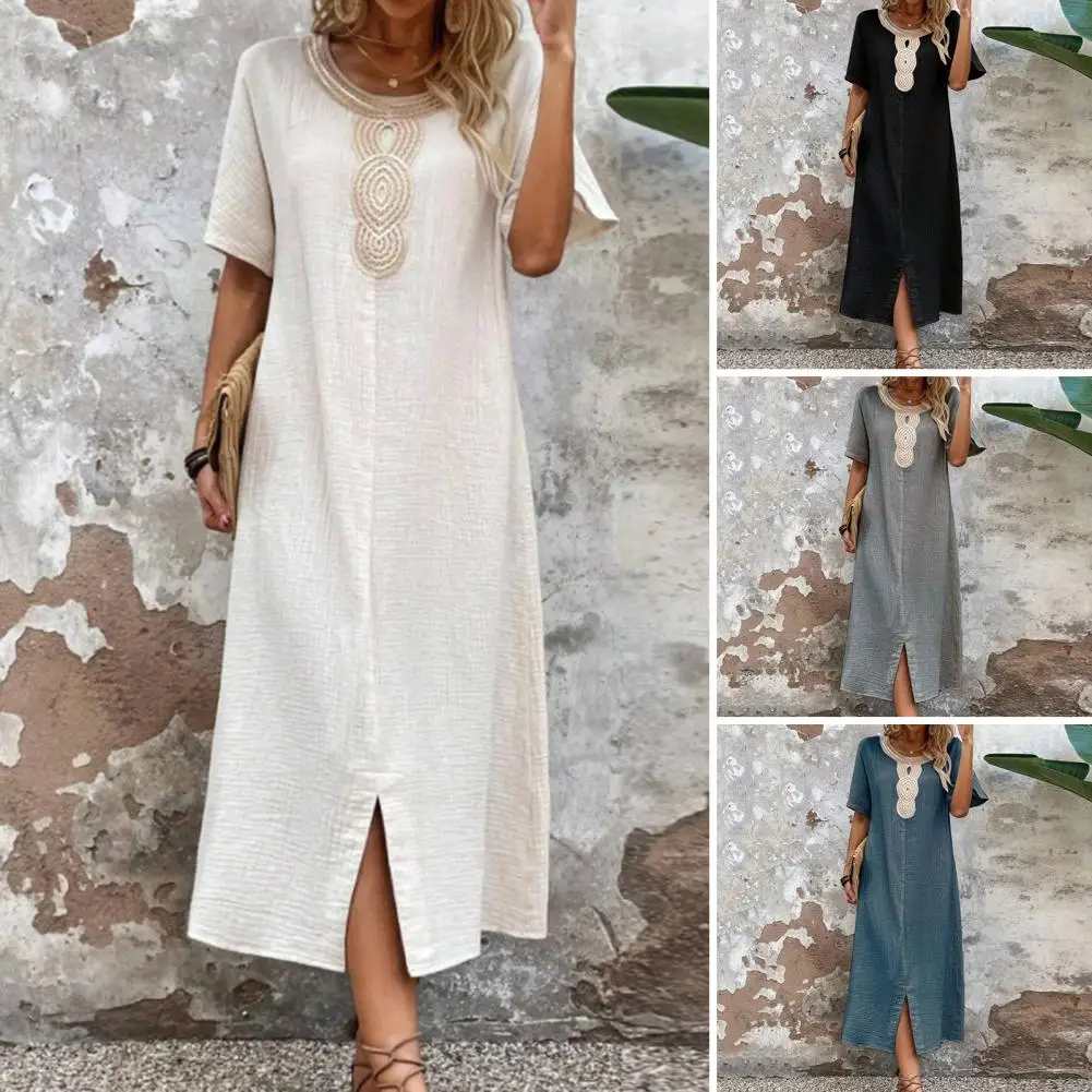 Long Loose Dress Women Dress Bohemian Retro Midi Dress with Split Hem O Neck for Women Vacation Style with Short Sleeves