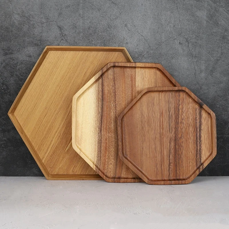 

Wooden Hexagonal Octagon Shape Dried Fruit Plate Tray Household Retro Style Wood Snack Cake Nut Fruit Plate Dim Sum Dish