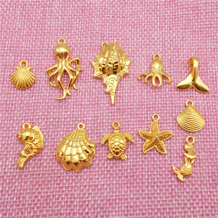 50G/Pack Gold Color Marine Life Charms Sea Animal Mixed Alloy Fish Mermaid Shell Conch Octopus Pendant Bracelet JewelryAccessory