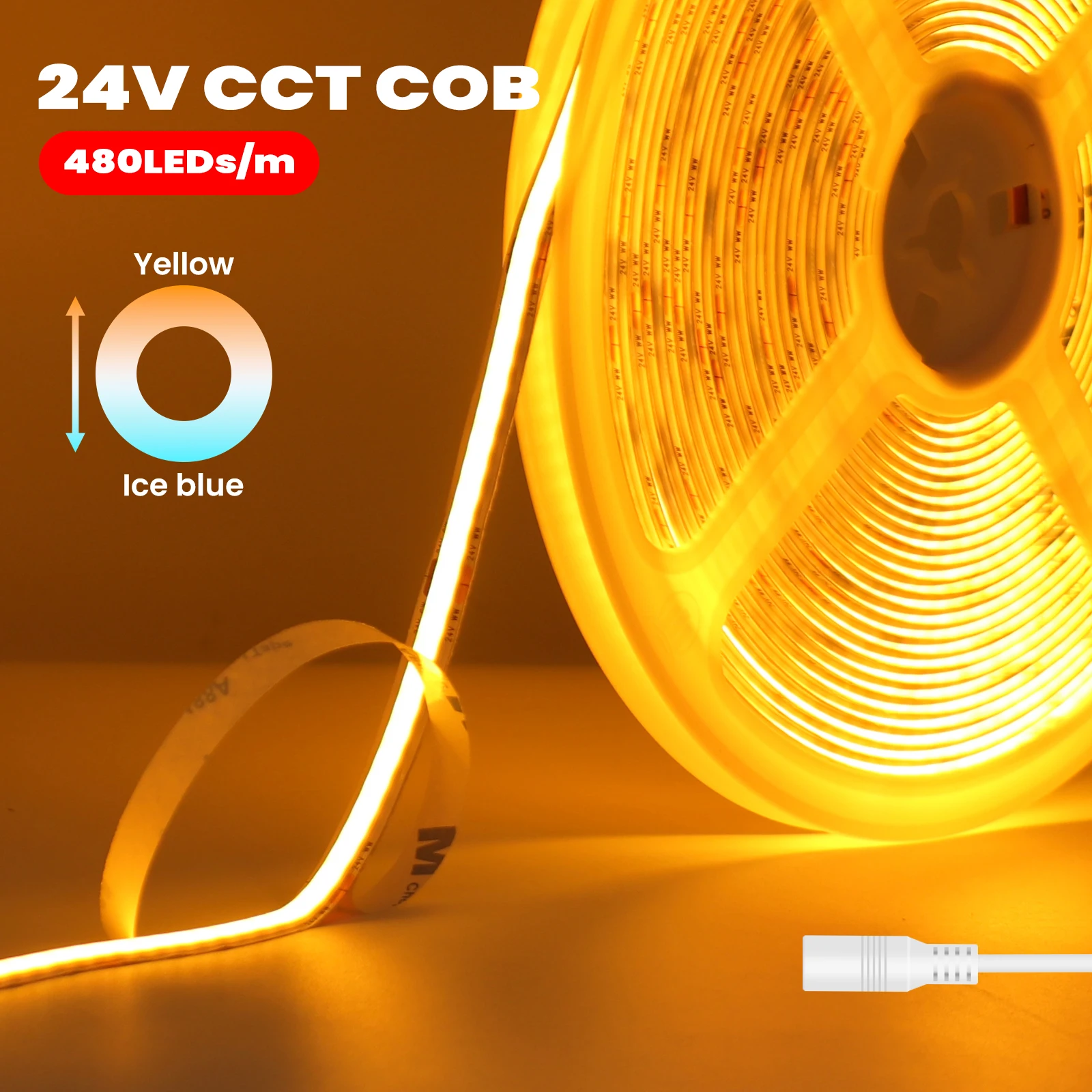 24V COB LED Strip Dual Color Yellow Ice Blue Flexible COB Strip Light 480Leds/m CCT LED Tape for Room TV Backlight