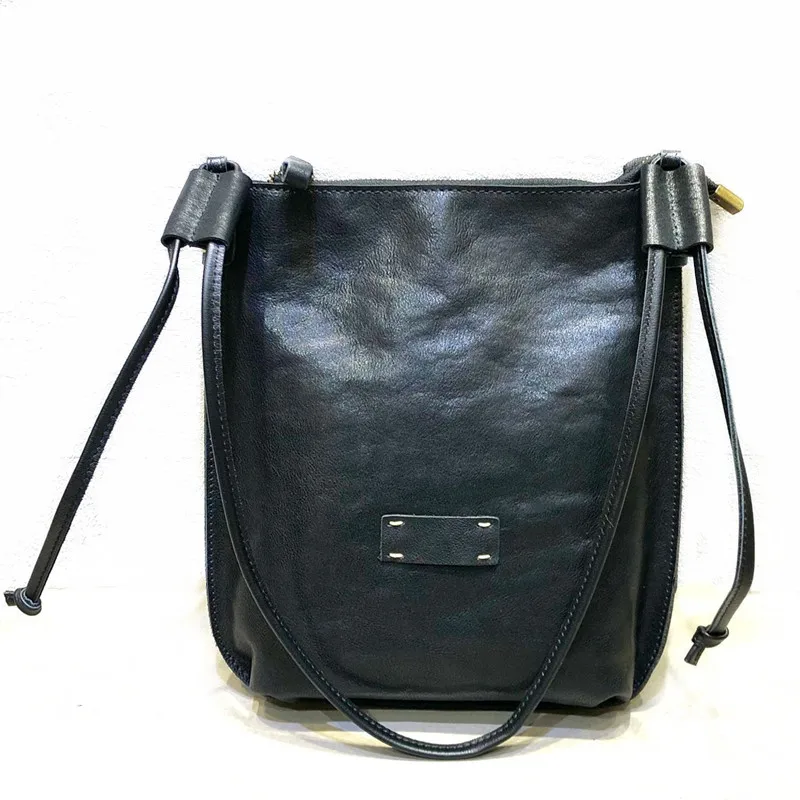 

Vintage Women Genuine Leather Bag Black Handbag Tote Handmade Natural Cowhide Solid Shoulder Bag With adjustable Crossbody Bags