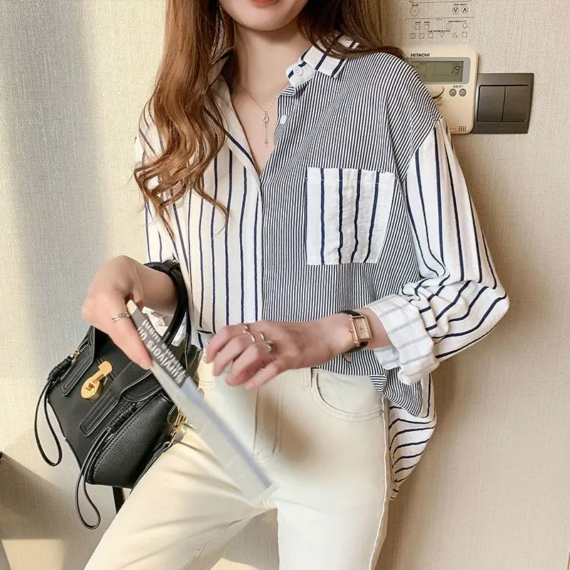 Korean Clothing Fashion Women Oversized Stripe Shirt Spring Autumn Pretty Office Lady Basic Casual Spliced Long Sleeve Blouses