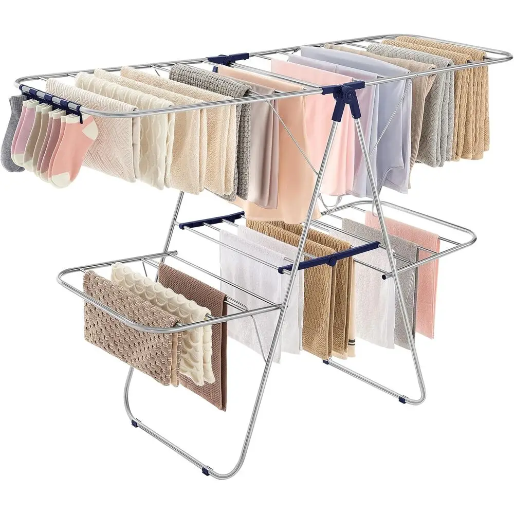

Clothes Drying Rack, Foldable 2-Level Laundry Drying Rack, Free-Standing Laundry Airer, with Height-Adjustable Wings, 33 Drying