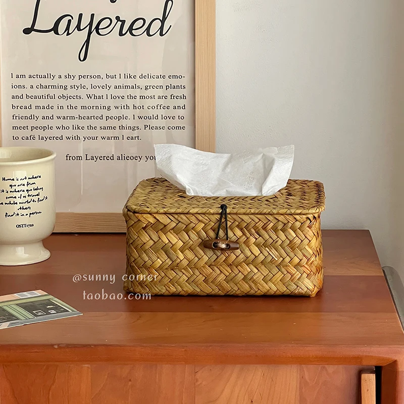 

Japanese Grass Woven Tissue Box, Home Tea Table Napkin Holder, Minimalist Desktop Tissue Box, Dining Paper Towel Box