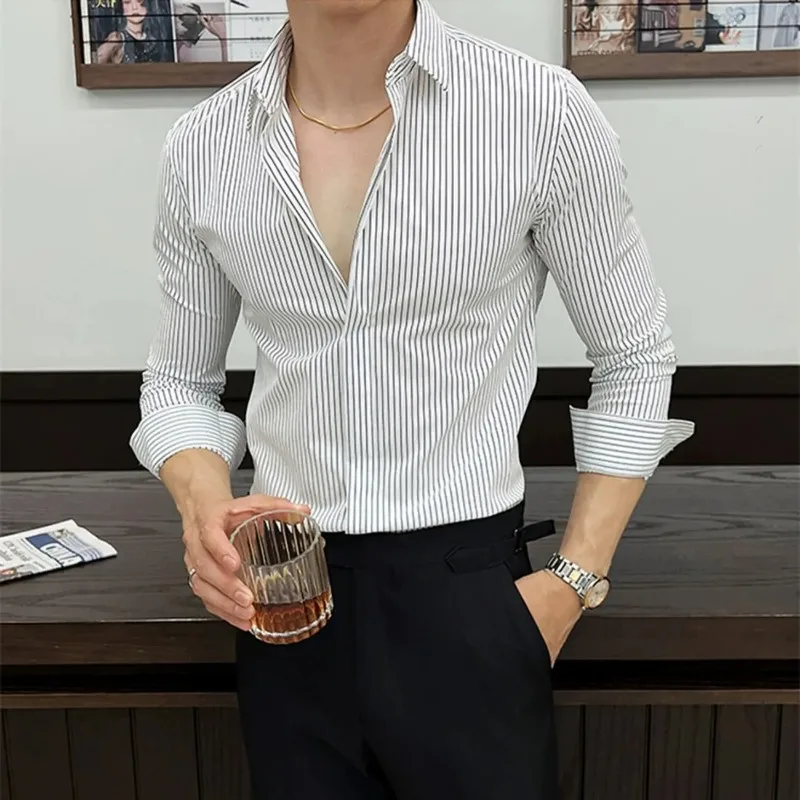

Мужская рубашка в полоску, бархатный корейский стиль, модный тонкий теплый повседневный кардиган, деловой топ без железа с длинными рукавами