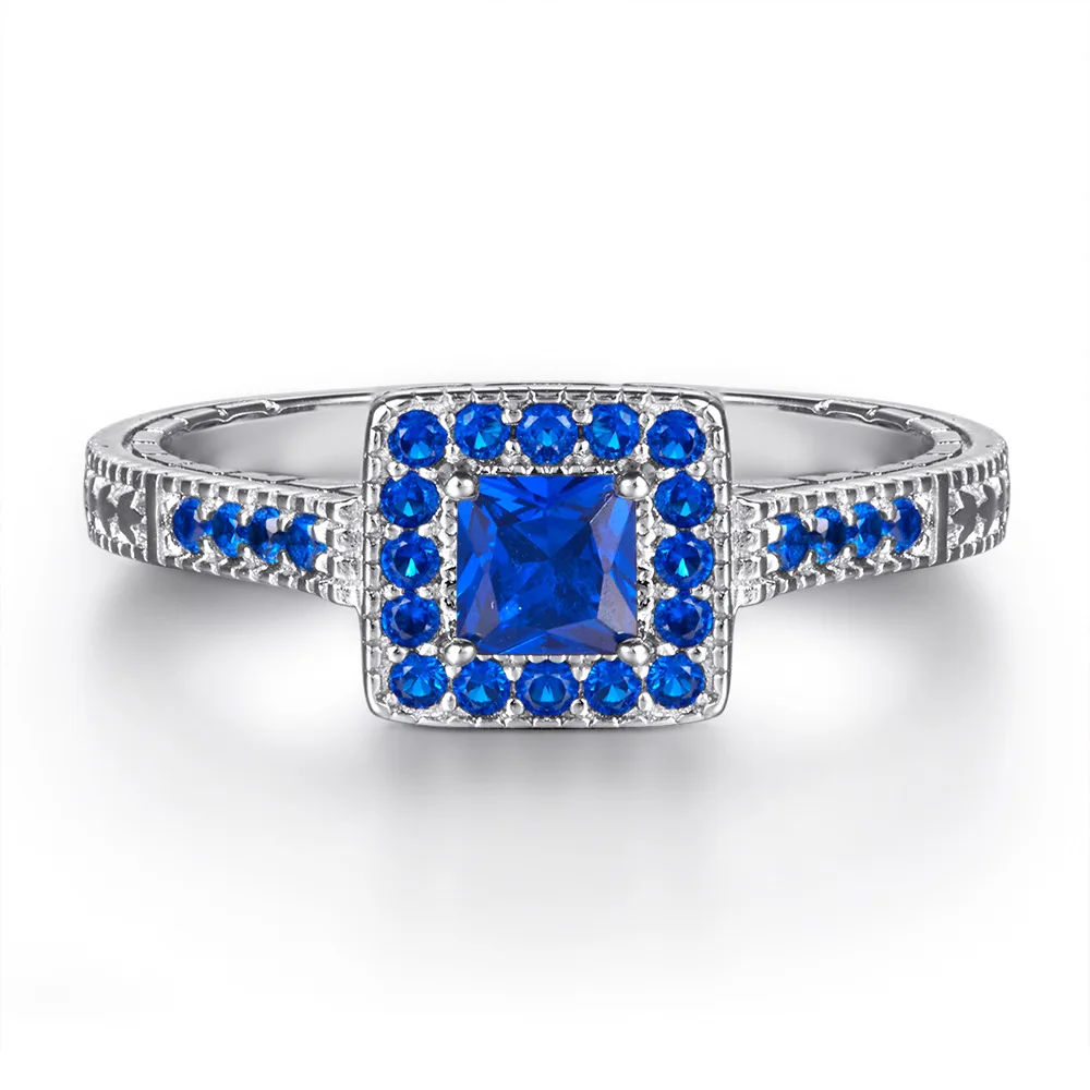 طقم خواتم من الفضة الإسترليني S925 مع ياقوت وألماس مربع، خواتم زوجين 2 في 1، هدية مثالية للمجوهرات #2