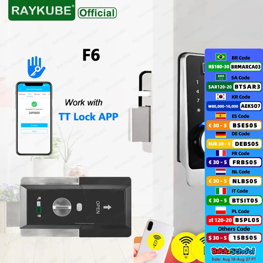 

НОВЫЙ замок RAYKUBE F6 TT, Bluetooth, засов отпечатков пальцев, умный дверной замок, электронный автоматический замок с паролем/IC-картой/ключом/разблокировкой через приложение