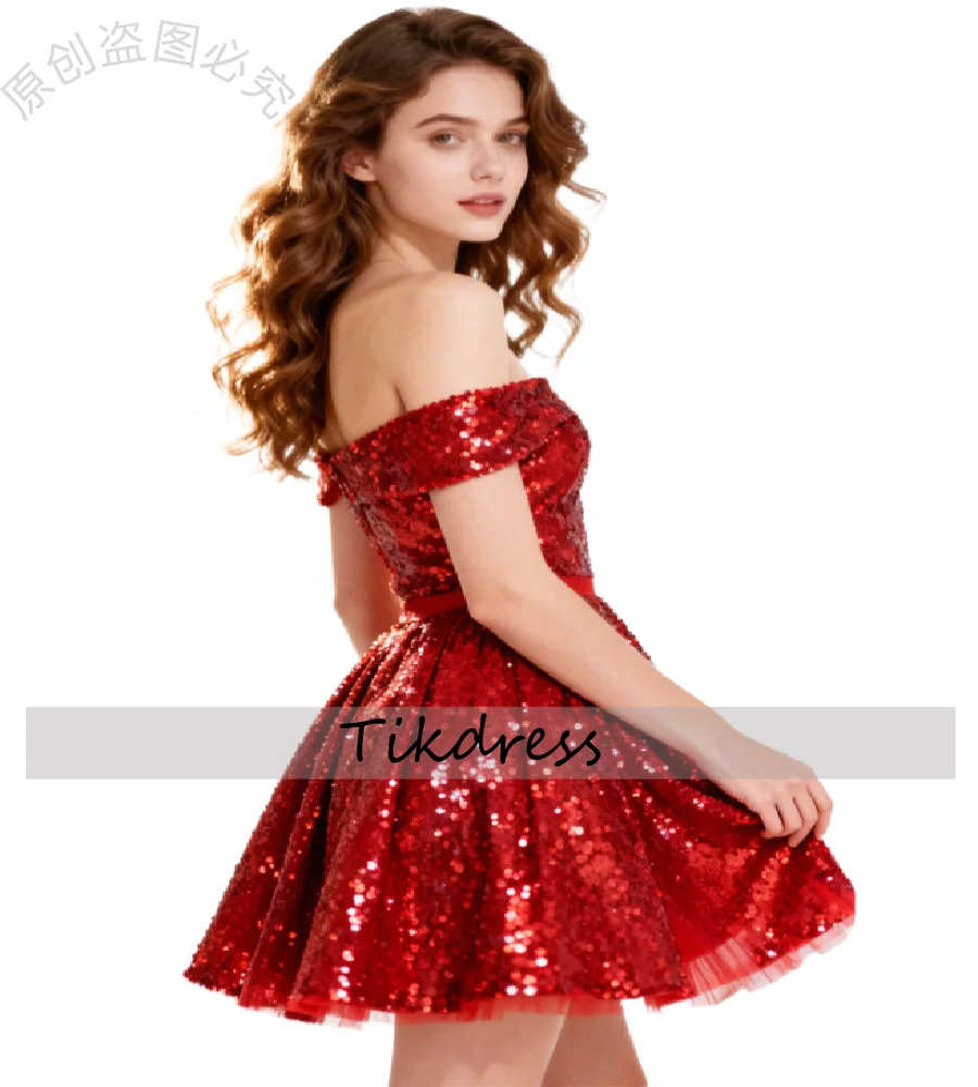 Glänzendes rotes Geburtstagskleid mit Pailletten, schulterfrei, kurzes Mini-Abendkleid für Damen, 2026, sexy Abschluss-Cocktailkleid, glitzernder Abschlussball