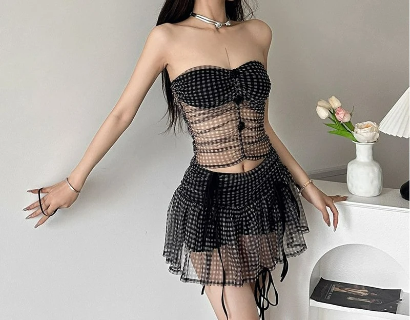 Polka Dot Print Slim Tube Top Women's High Waist Pleated Skirt Two-piece Set