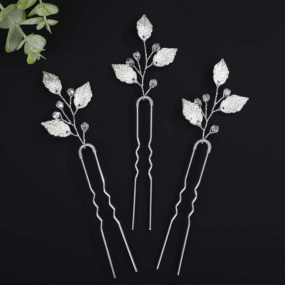 3PCS Silver Color Crystal Leaf Bridal Hair Pins for Women Handmade Wedding Hair Accessories Jewelry Gold Bride Tiaras Ornament