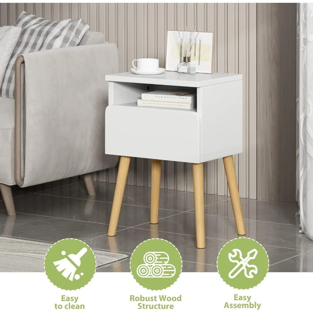 

2 Modern Wood Nightstand with Drawer, End Table with Solid Wood Legs and Storage Drawer for Bedroom Living Room Home Office