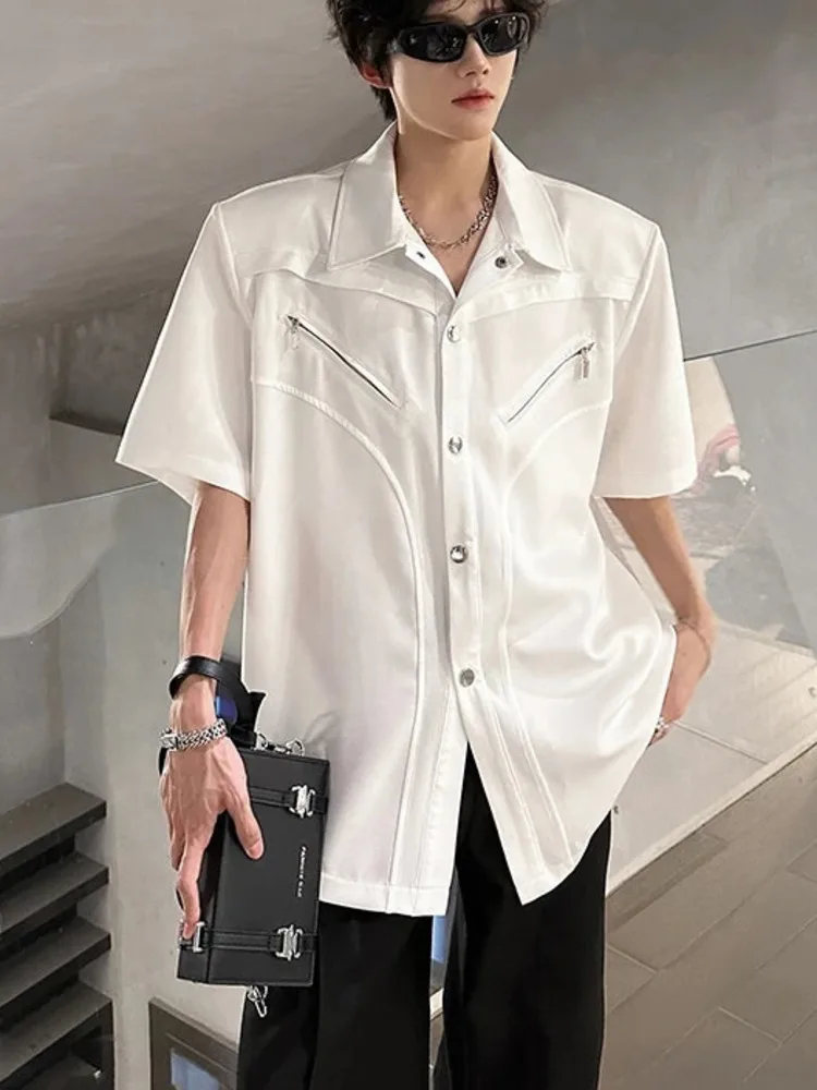 Men's Zipper Edgy Patch Shirt Deconstructed Short Sleeve Pocket Casual Streetwear Cool Guy Top 8IKT