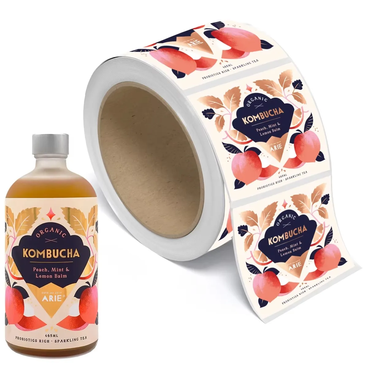 مخصص قسط Kombucha التسمية زجاجة تألق الشاي المشروبات الذهب احباط ختم لامعة الطباعة لاصق ملصق التعبئة والتغليف تسميات