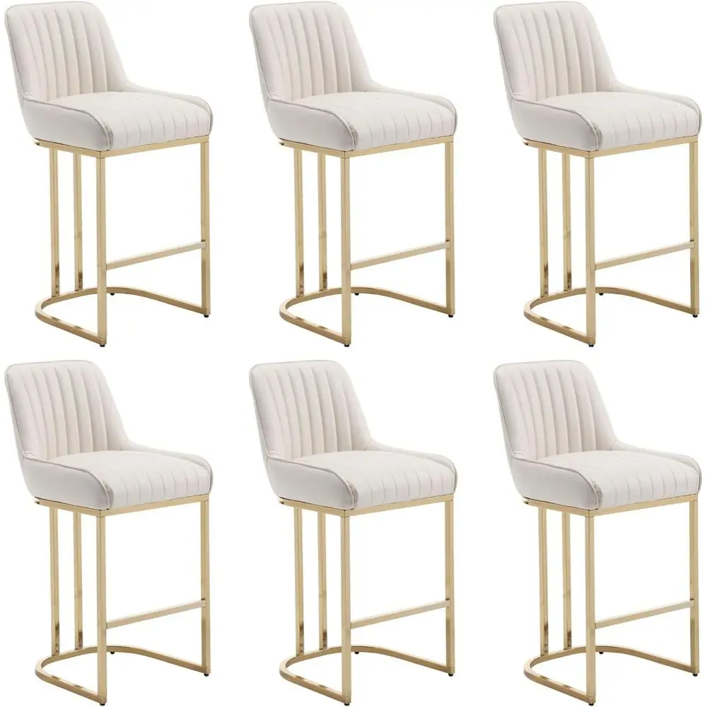 

Set of 6 Beige Leather Bar Stools with Gold Legs, 26 Counter Height Chairs with Upholstered Backs