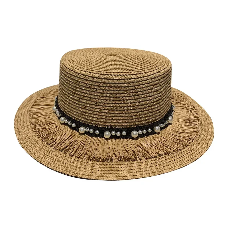 Tassel pearl flat top straw hat women's summer straw weaving travel casual sun hat outdoor sun protection