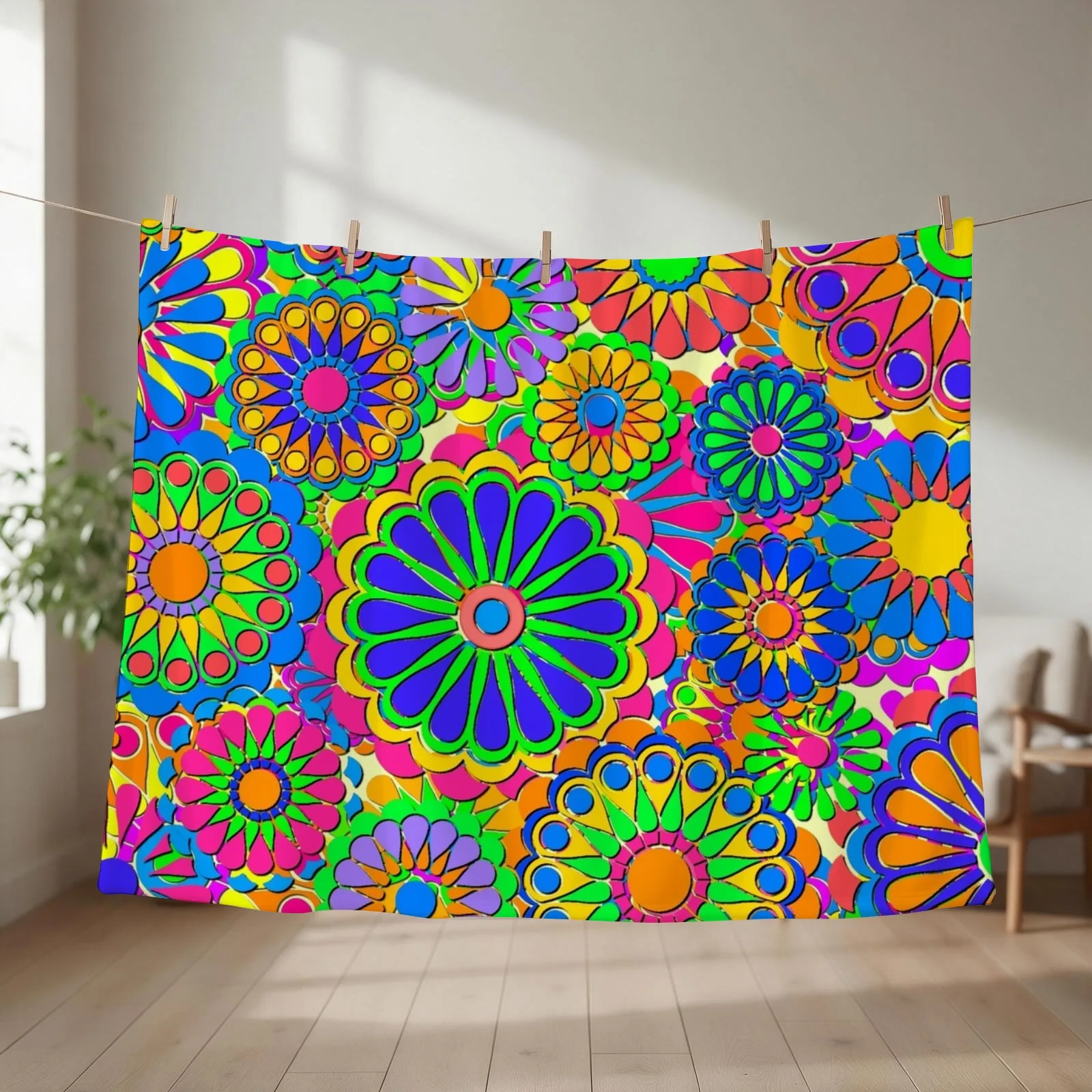Bright Colorful Flower Power Hippy Retro Style Throw Blanket couch cozy soft plush fuzzy picnic outdoor blanket