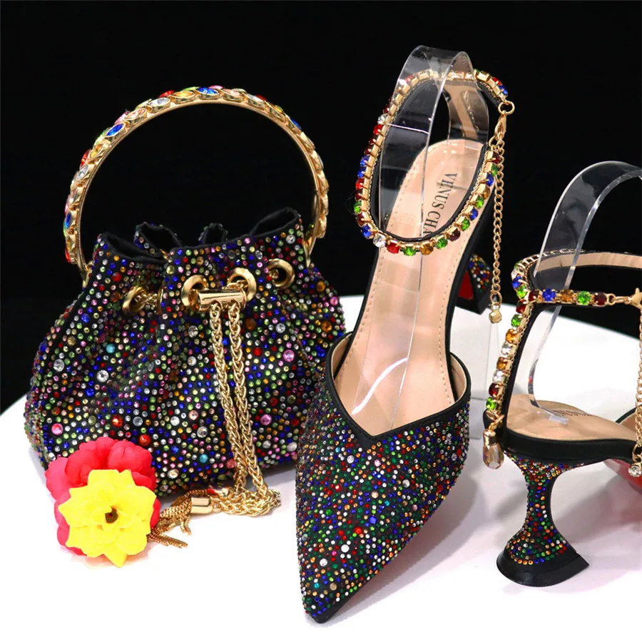 Luxury Purple Women Shoes And Bag Set Ladies High Heels Stones Pumps Match With Handbag High Heels Sandals Escarpins Femme CR582