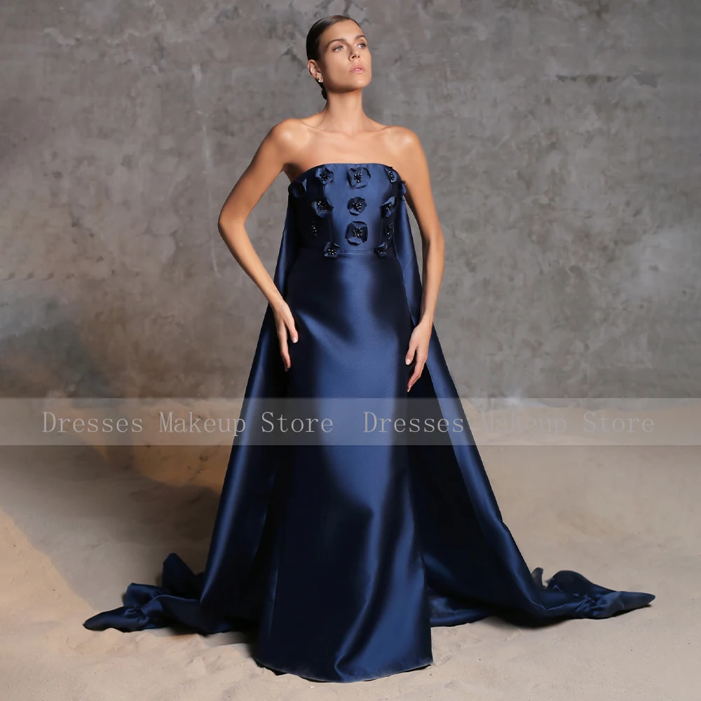 Robe de Soirée en Satin Bleu Marine Sans Bretelles pour Femme, Ligne A, Forme Longue, Fleurs 3D, Traîne Watteau, Bal Élégant