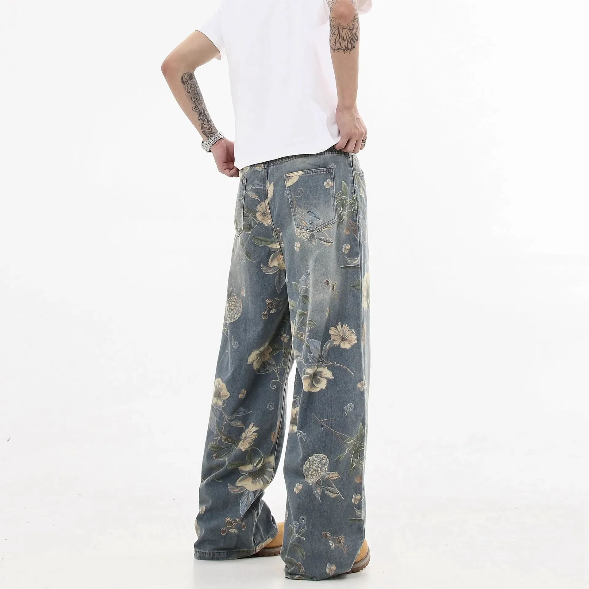 Flower Printed Baggy Jeans Vintage Baggy Straight Denim Pants Men Streetwear Harajuku Hip Hop Oversized Jeans Trousers Y2k
