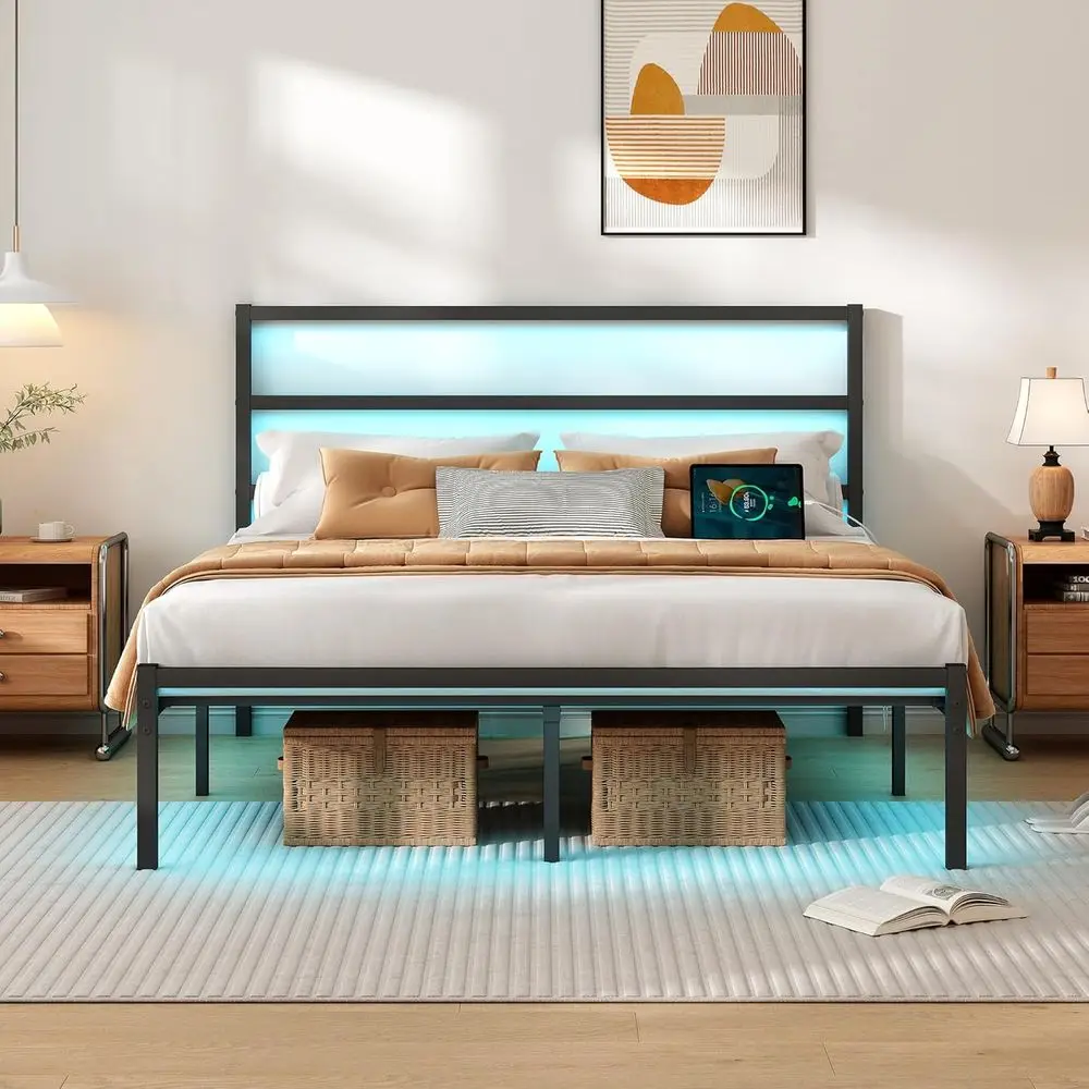 

Black Heavy-Duty Steel Bed Frame with Headboard, LED USB Charging, Mattress Support, Storage, No Box Spring Needed