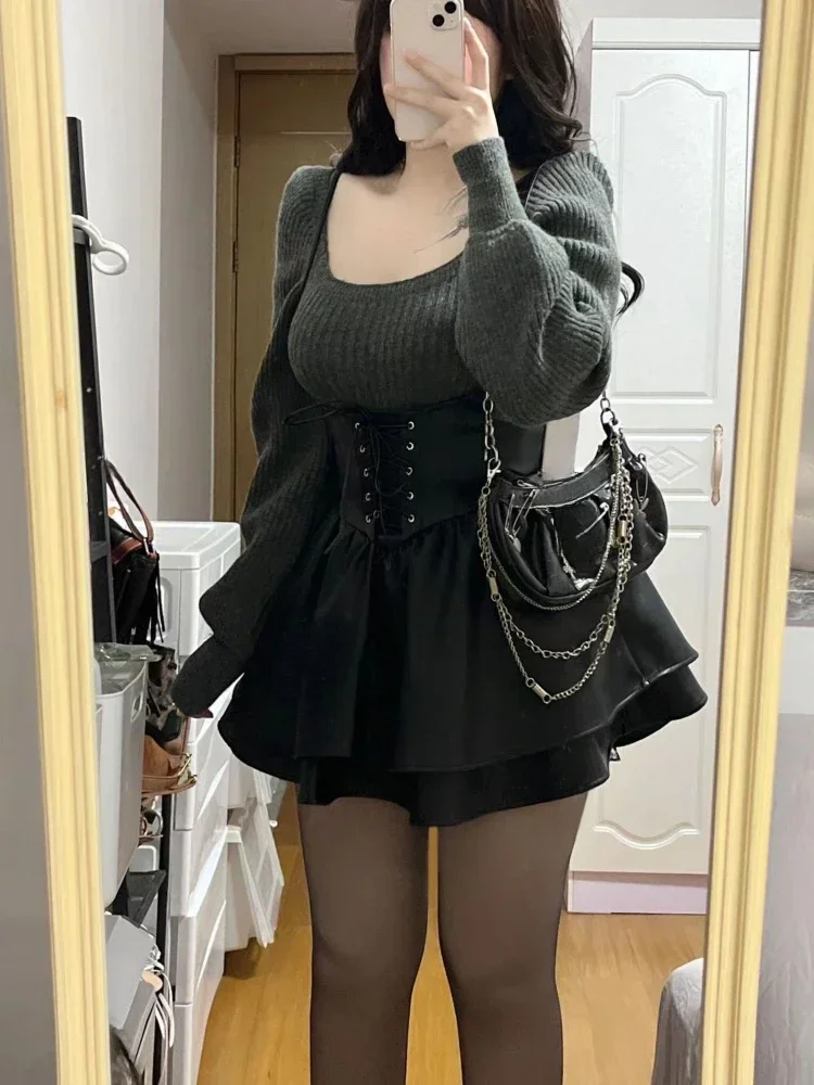 2024 neue hohe Taille Leder schwarz Mini kleid lässig Strick pullover elegante Clohting Frau koreanische Mode Anzug Design Chic