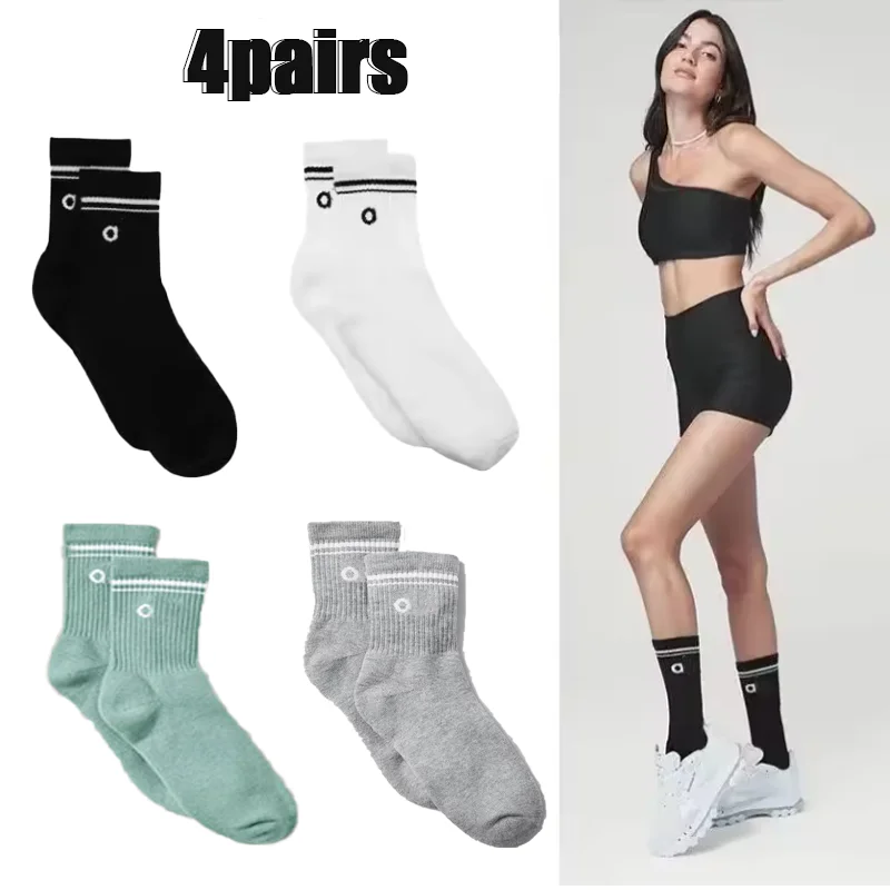 4 paires de chaussettes de Yoga mi-tube imprimées Alphabet, unisexe, en pur coton, absorbant la sueur, respirantes, classiques, loisirs de plein air quotidiens
