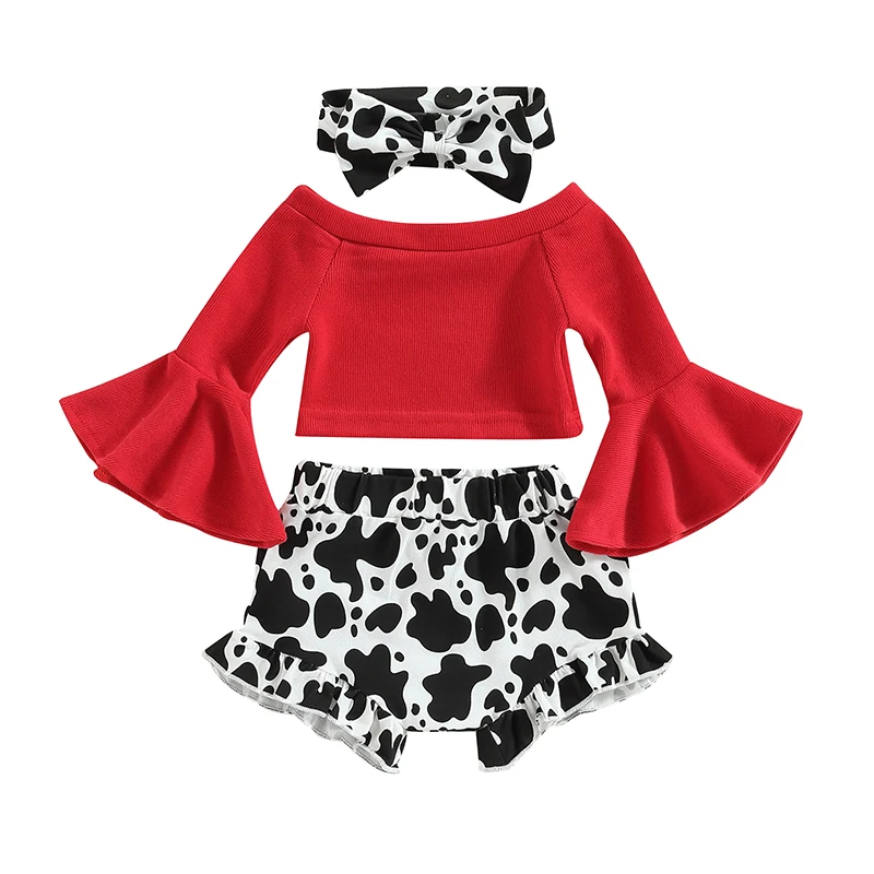 Girls Clothes Set Fashion Children Flare Sleeve Off Shoulder Crop Tops with Cow Pattern Shorts and Hairband Toddler Clothing