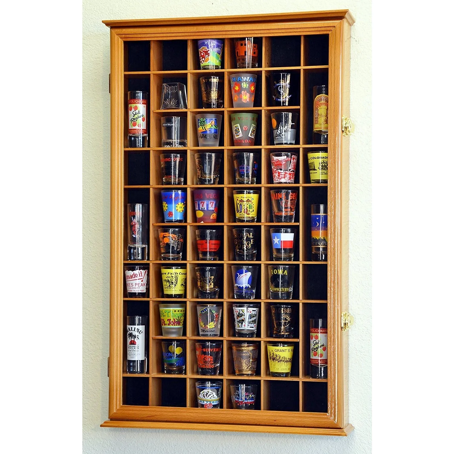 54 Shot Glass Shotglass Shooter Display Case Holder Cabinet Wall Rack 98% UV with Locks –Oak