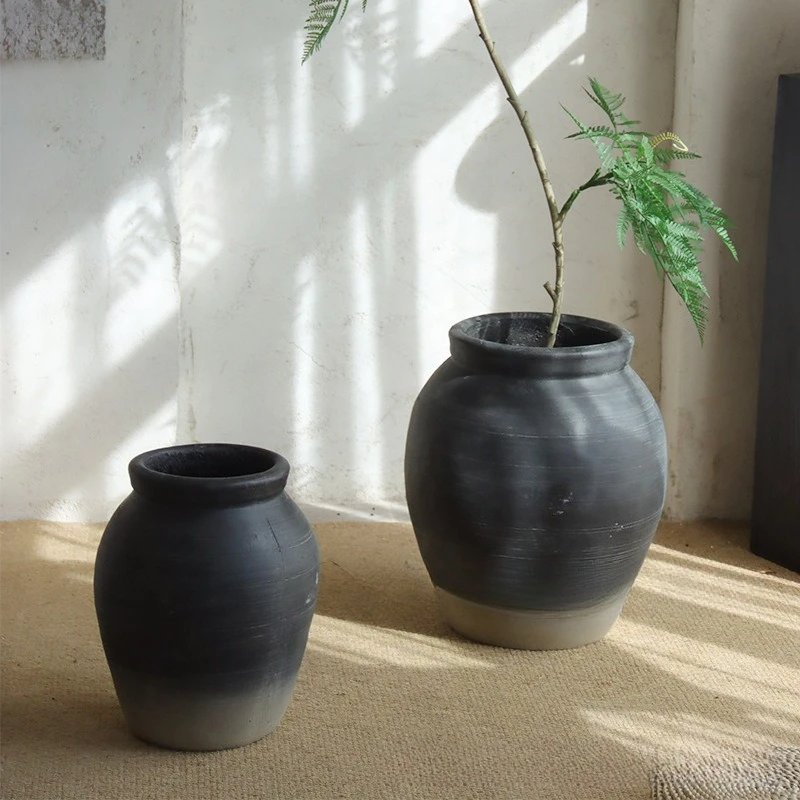 Black ash soil color cement pottery pot flower pot home living room shopping mall hotel decoration green plant flower utensils h
