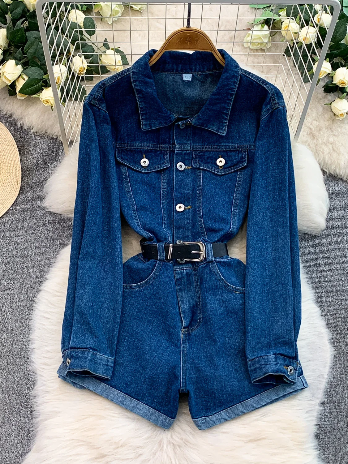 

Retro Hong Kong Sle Women's Denim Overall Pants High Waist Wide Leg Roll up Hem Tie Waist Slimming Autumn Winter Coat