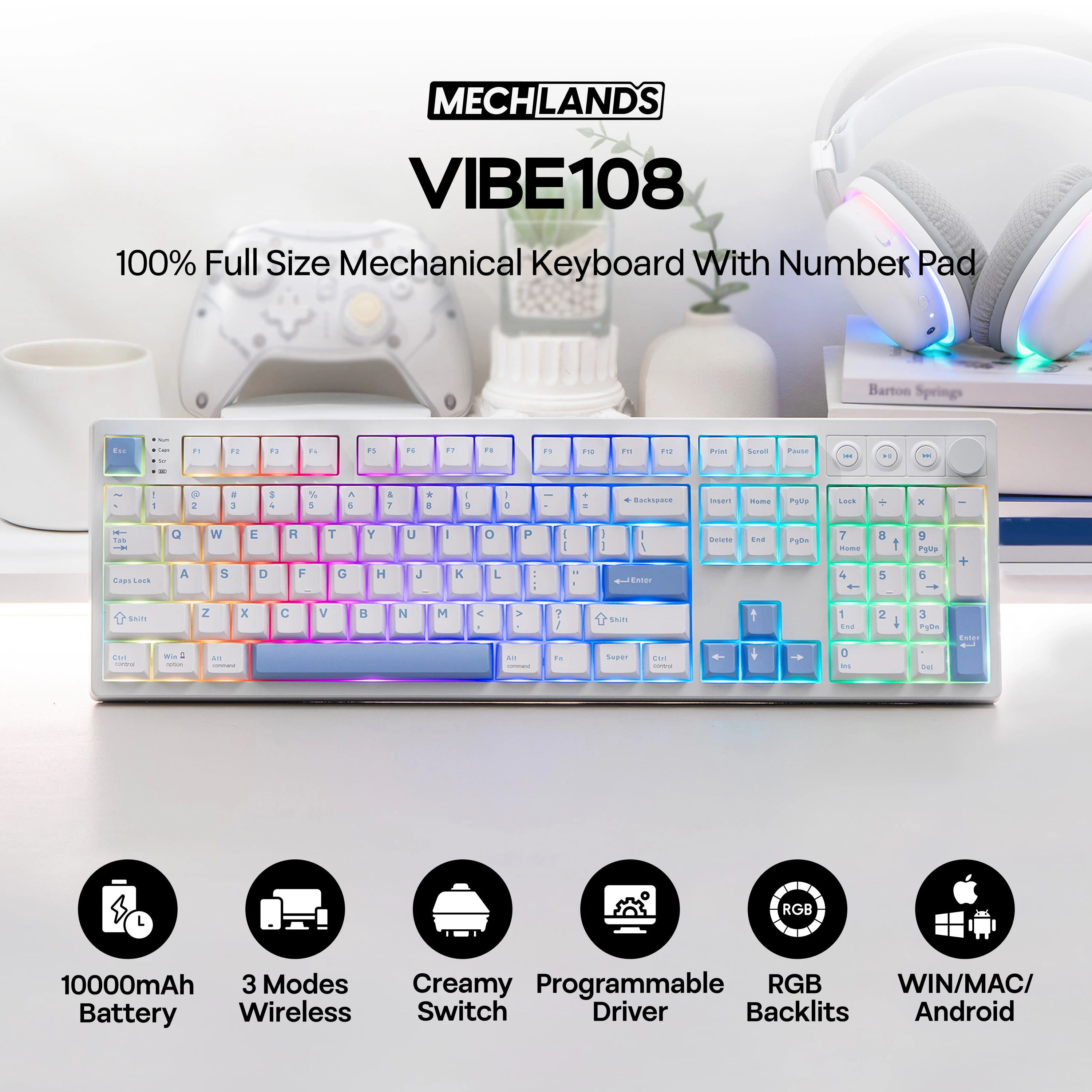 MechLands Vibe108 100% ANSI US QWERTY Layout Wired/Bluetooth/2.4GHz Wireless Mechanical Keyboard with Knob & Multimedia Buttons